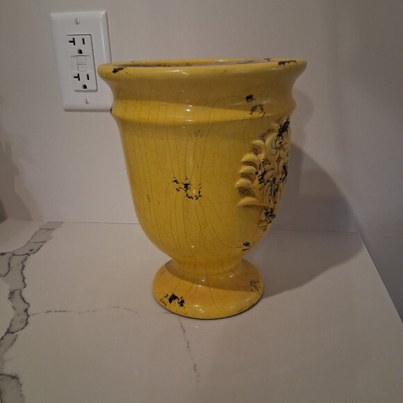 Yellow Terracotta-Style Crackle Glaze Ceramic Distressed 9" Decorative Planter - Picture 4 of 5